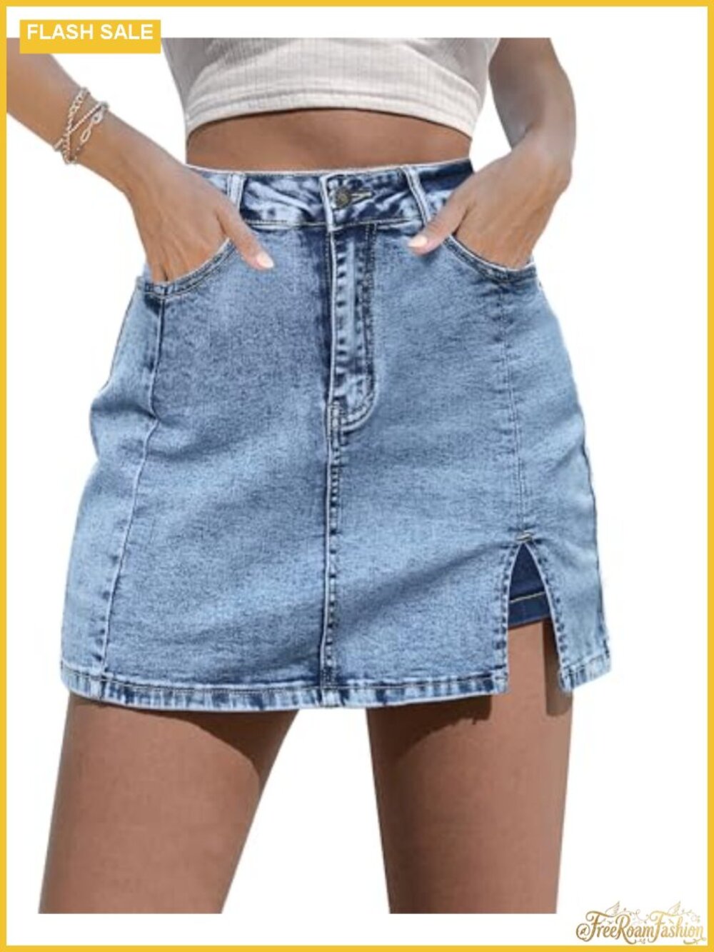 High Waisted Stretchy Denim Jean Skort with Side Slit